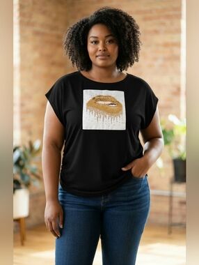 love J Black Tee with Gold Glitter Lip Graphic